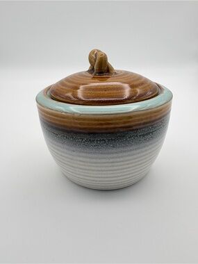 Roscher Stoneware Lidded Jar/Crock Neutral Tones Turquoise Accent Twist Handle
